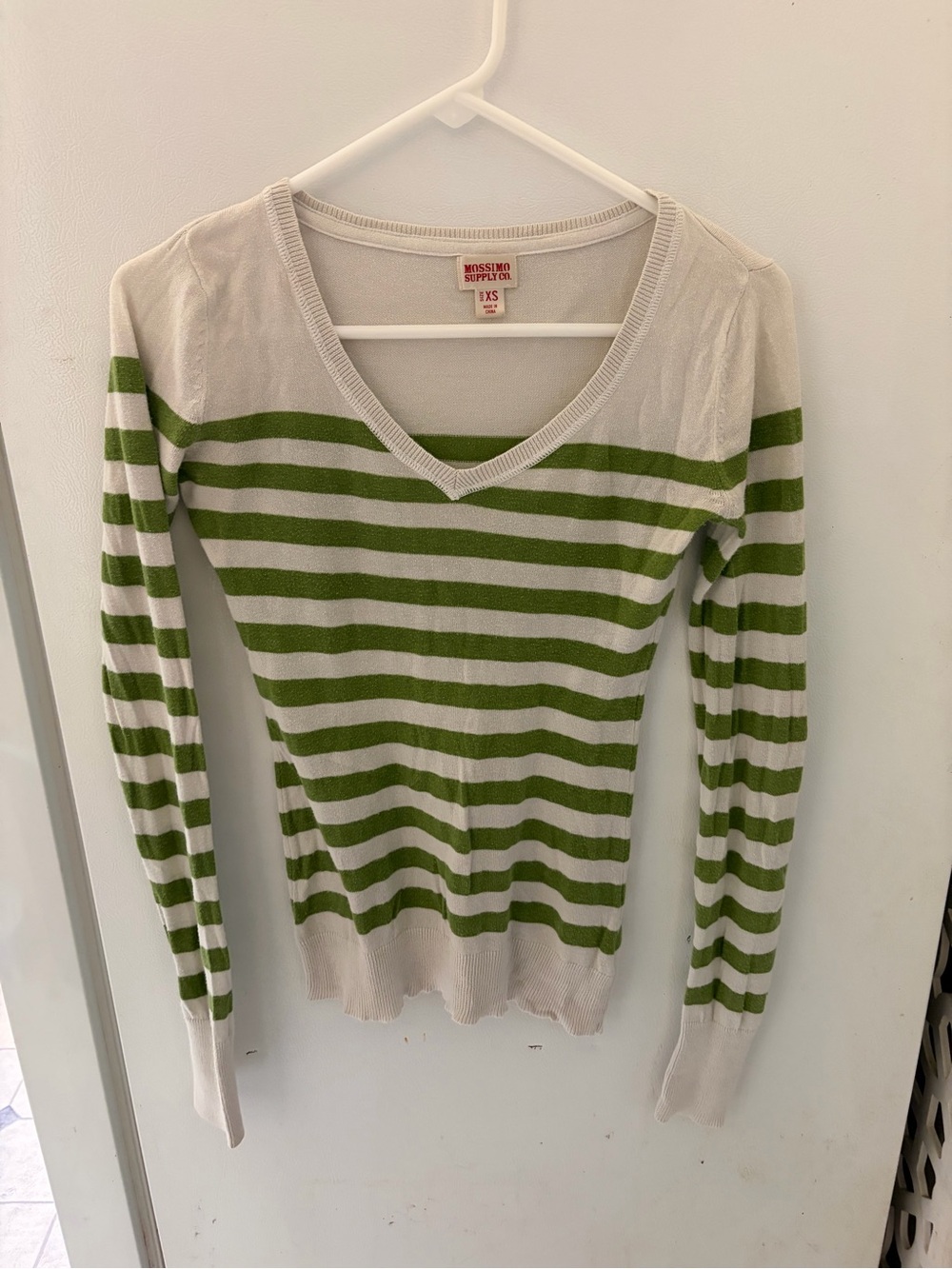 Y2K MOSSIMO Supply Co. Green and White Striped V-Neck Sweater
